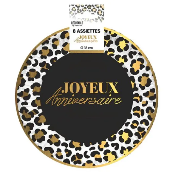 8 assiettes "Joyeux Anniversaire" en carton - Diamètre 18 cm - Collection Léopard
