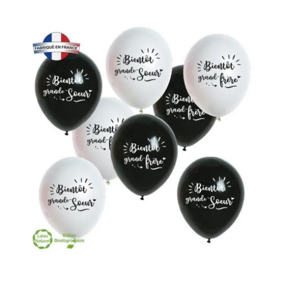 8 Ballons Annonce bientôt Grand-Frère ou Grande-Soeur - Noir & Blanc