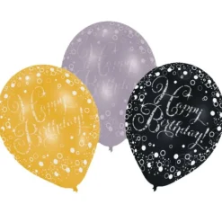 6 Ballons de Baudruche "Happy Birthday" - Argent / Noir / Doré