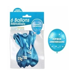 6 Ballons de Baudruche Métallisés "Joyeux Anniversaire" - Bleu