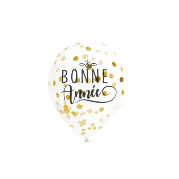 6 Ballons Transparents avec Confettis Or " Bonne Année "