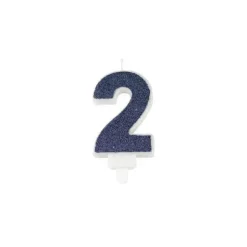 Bougie pailletée en forme de chiffre sur bobèche - Bleu Marine - 7,3 cm - Chiffre au choix