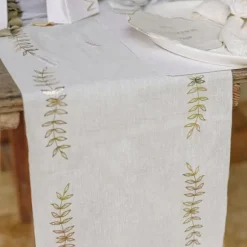 Chemin de table avec rameaux d'olivier en tissu - 28 cm x 5 m - Collection Communion Effet Lin et Or