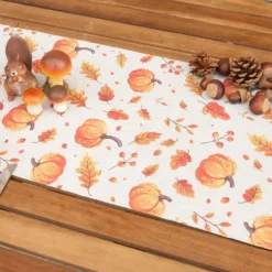 Chemin de table d'automne en toile avec impression de citrouilles et feuilles - 28 cm x 4 m