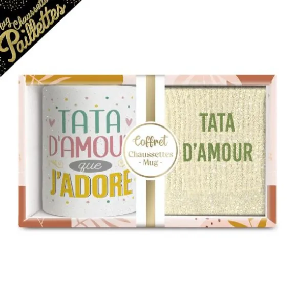 Coffret Mug et Chaussettes à paillettes "Tata d'Amour" pour femme - Collection Famille d'Amour
