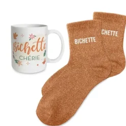 Coffret Mug à paillettes et Chaussettes à paillettes pour femme - Collection Famille d'Amour - Modèle au choix