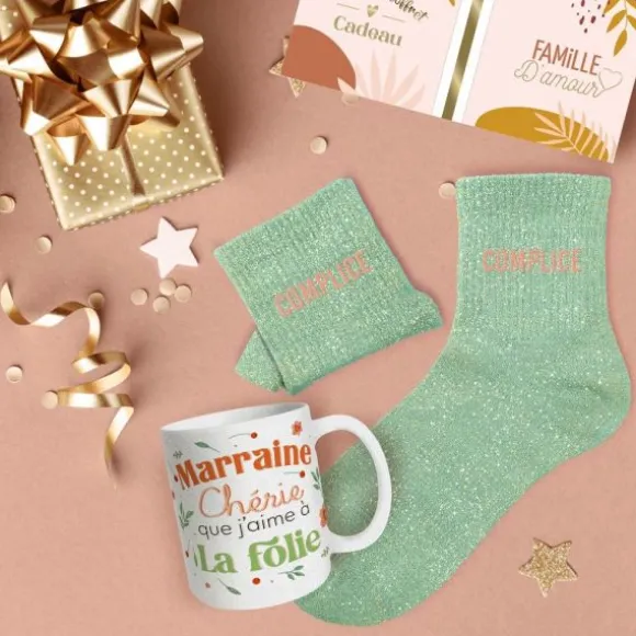 Coffret Mug à paillettes "Marraine Chérie" et Chaussettes à paillettes "Complice" pour femme - Collection Famille d'Amour