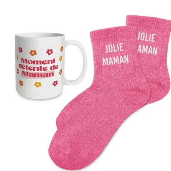 Coffret Mug à paillettes "Moment détente de Maman" et Chaussettes à paillettes "Jolie Maman" - Collection Maman d'Amour