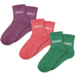 Coffret Trio de chaussettes à paillettes pour femme - Géniale, Fofolle et Déjantée - Collection Famille d'Amour