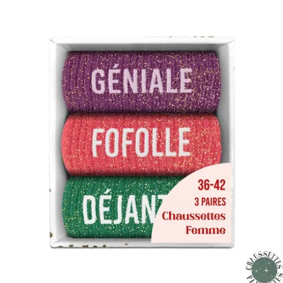 Coffret Trio de chaussettes à paillettes pour femme - Géniale, Fofolle et Déjantée - Collection Famille d'Amour