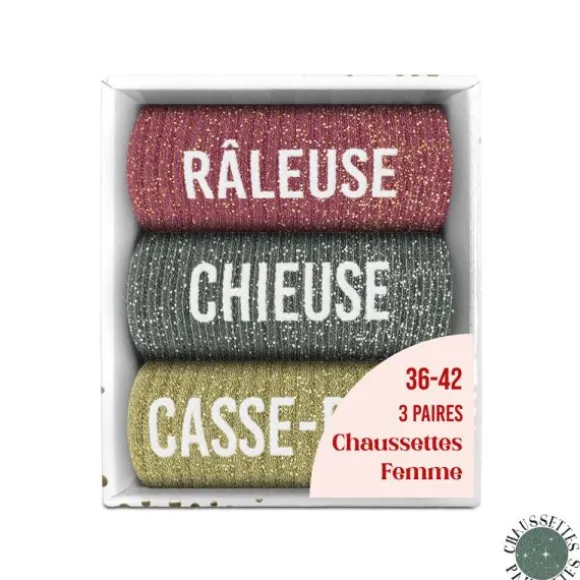 Coffret Trio de chaussettes à paillettes pour femme - Râleuse, Chieuse et Casse-Pied - Collection Famille d'Amour