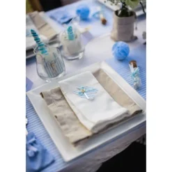 6 Etiquettes layette en lin rayées - Bleu et Blanc