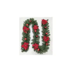 Guirlande de sapin à poinsettias et boules rouges - 2 m