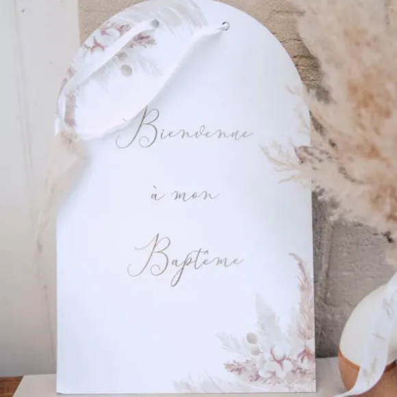 Pancarte Bienvenue à mon Baptême - Collection Pampas, Fleurs de Coton et Or