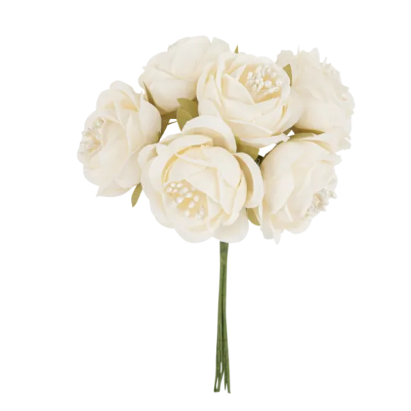 6 roses avec pistils sur tige en papier - 4 x 13 cm - Couleur au choix