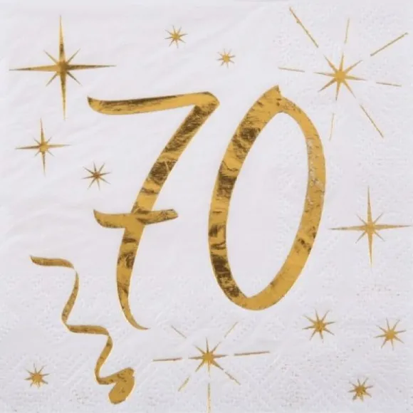 20 Serviettes en Papier Anniversaire - Blanc et Or - 70 ans