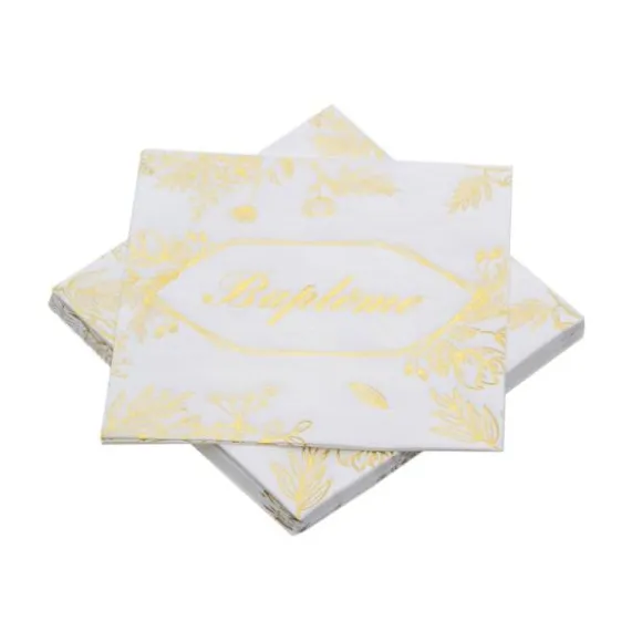 20 serviettes en papier avec feuilles dorées - 33 x 33 cm - Baptême
