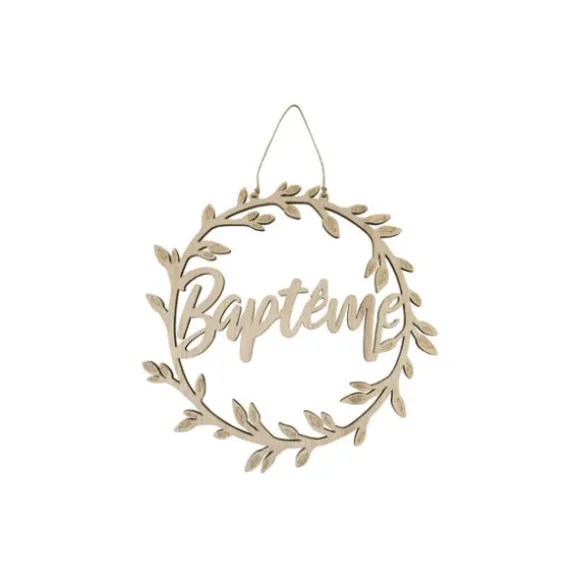 Suspension en bois pour baptême - Couronne avec mot "Baptême"
