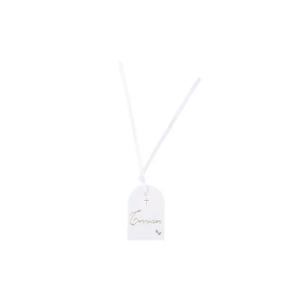 10 Étiquettes + Ruban Satin - Collection Communion Pureté Blanc et Or