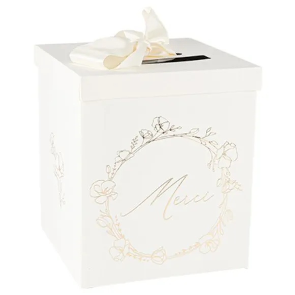 Urne "Merci" FSC® - 21 x 21 x 25 cm - Collection Baptême Crème et Or