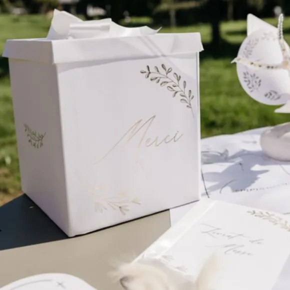 Urne "Merci" FSC® - 21 x 21 x 25 cm - Collection Communion Blanc et Or