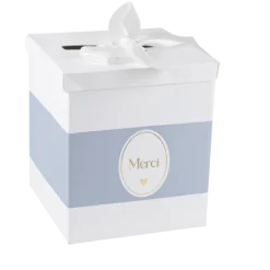 Urne "Merci" - 21 x 21 x 25 cm - Collection Baptême Blanc et Or - Couleur au choix